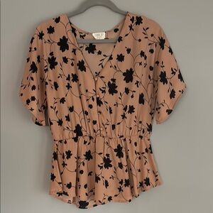 Sienna Sky Smocked Peplum Blouse with Flutter Sleeves in Orange and Pink
